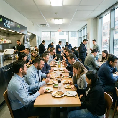 Crowded taco stand with business casual customers at lunch