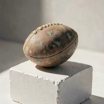 Sculptural mineralcut closeup of a single rugby ball on chalky white plinth, har