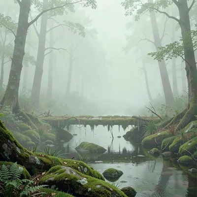 Lichened plank bridge over a forest brook, mossy banks foregrounded, the woods b