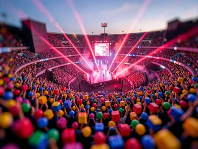 High mast tilt-shift photograph of a stadium concert at dusk, saturated rose str