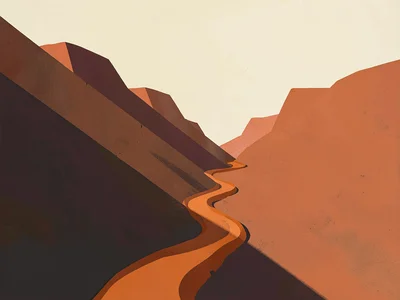 Ribbon of rust-orange dirt road threads between two copper-red mesas under a sun