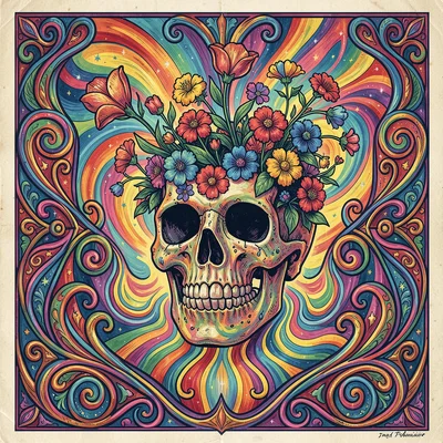 Psychedelic poster illustration, a skull with flowers growing through it , vibra