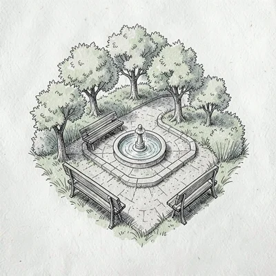 Map vignette of a small park loop with hand-drawn benches and fountain, fine pen