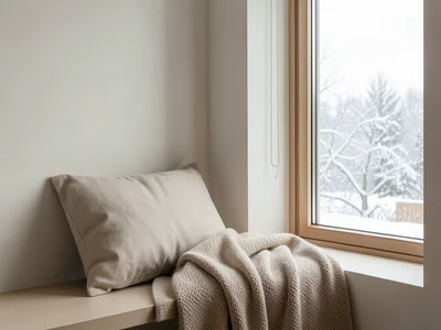 Window seat with pillow and blanket, snowy view outside, warm interior