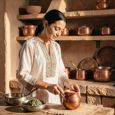 Warm desert-toned photograph, Woman in embroidered thobe dress preparing sage te