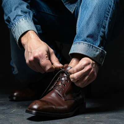 Person tying leather boots, close-up of hands and laces, worn denim above