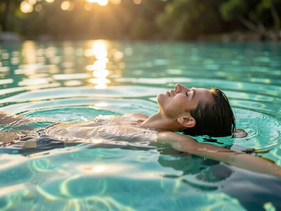 Person floating on back in clear turquoise water, eyes closed, peaceful