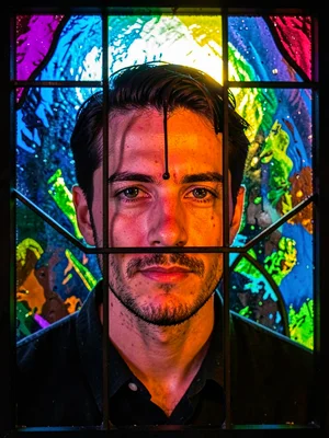 Portrait through colored glass