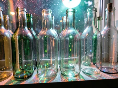 Glass bottle collection in window, colored light streaming through, chromatic tr