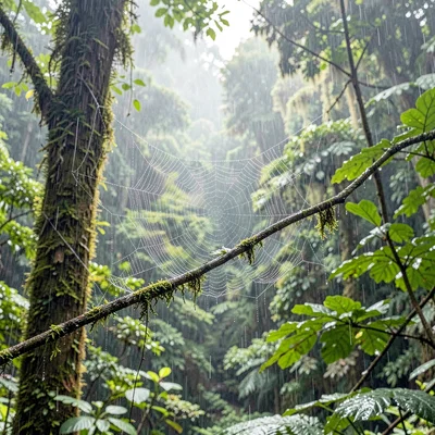 Monteverde cloud forest, filtered canopy light, Spider web beaded with moisture 