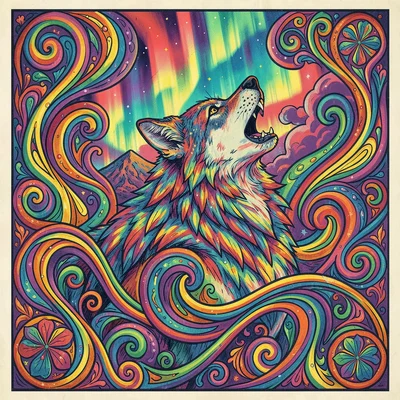 Psychedelic poster illustration, a wolf howling with aurora patterns , vibrating