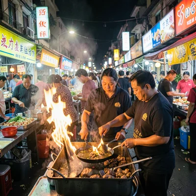 Night market cooking flames