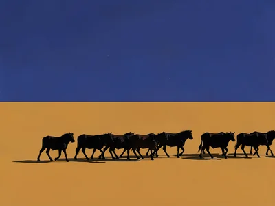 Shepherd silhouette guides a herd across a vast ochre plain under a deep lapis s