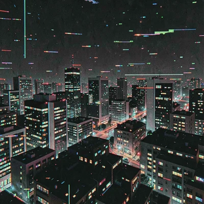 Glitch art illustration, cityscape at night with VHS tracking , digital corrupti