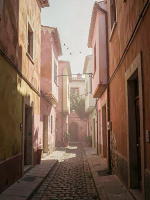 Shaded alley after sirocco, walls coated in a faint pinkish dust film, the air d