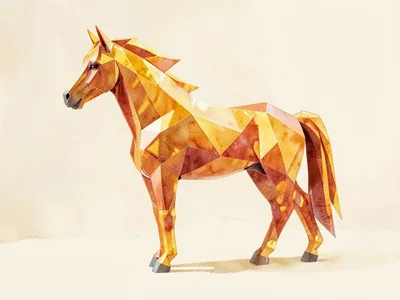 Jeweled amber lowpoly horse standing in profile with mane and tail as sharp warm
