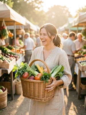 A woman carrying a wicker basket overflowing with fresh vegetables through a sun