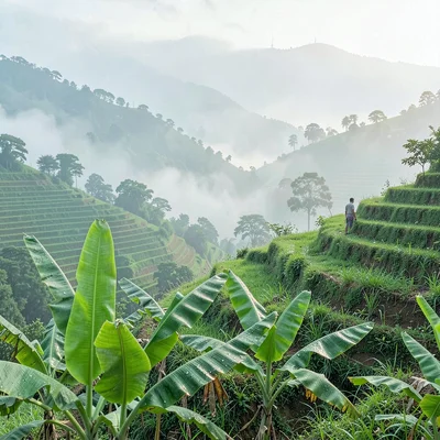 Emerald green hills through morning mist in Kigali, Rwanda, Single farmer figure