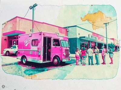 Taco truck parked at the edge of a strip mall lot with a small line of customers
