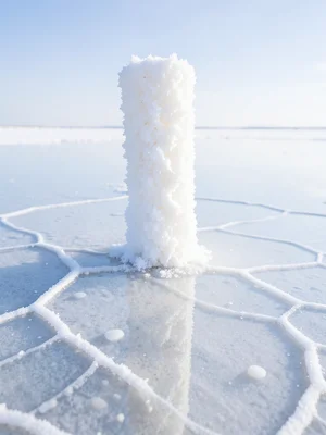 Salt formation pillar close-up — column of crystallized salt built up from the g