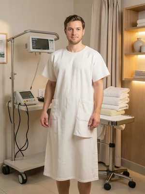 Hospital gown redesigned in soft waffle cotton, natural dyes, patient comfort re