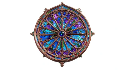 Cloisonné enamel illustration, cathedral rose window , copper wire outlines, gla