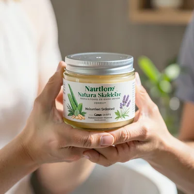 Hands holding a jar of natural skincare cream, ingredients visible: aloe, honey,