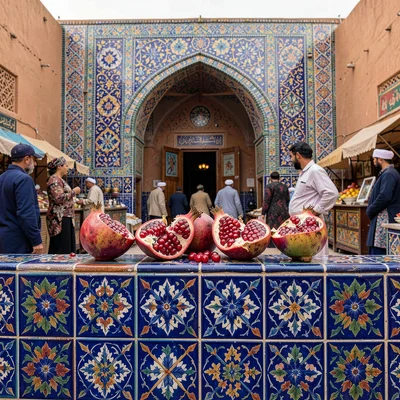 Samarkand blue majolica against Central Asian terracotta, pomegranates split ope