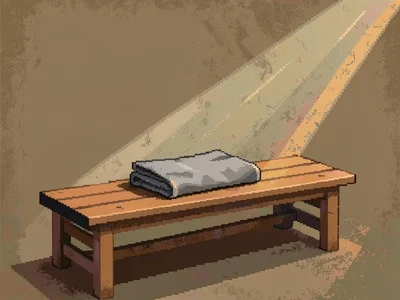 Late autumn light raking sideways across a low wooden bench holding a single fol