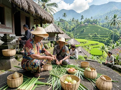 Weaving fresh canang sari basket