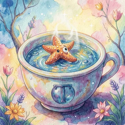 Page of Cups as a small tide-pool sprite cupping a curious starfish, painterly s
