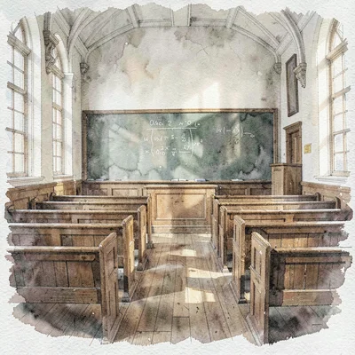 inside a university lecture hall at overcast noon, ranks of oak banked seats, a 