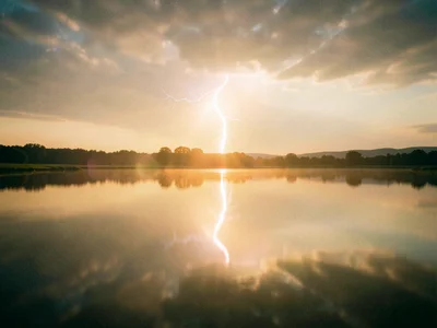 Lightning strike over a calm lake, bolt reflected perfectly in still water