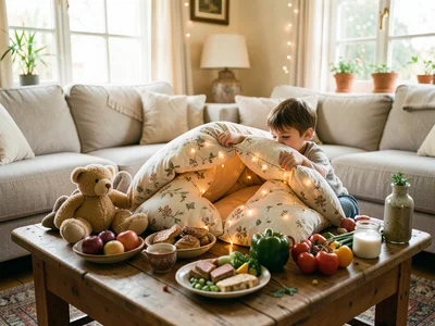 Child building pillow fort in living room, fairy lights inside, stuffed animals
