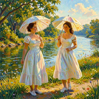 Two women with parasols on a riverbank, afternoon light catching their white dre