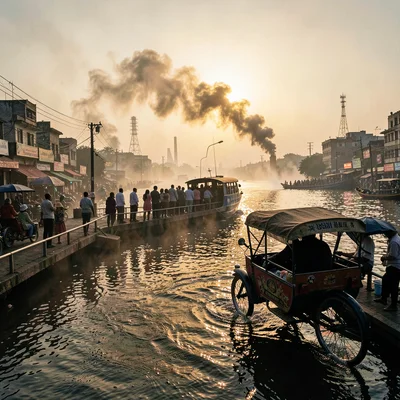 Kinetic density of Dhaka, Bangladesh, Ferry crossing Buriganga at sunset, passen