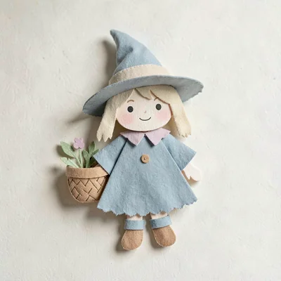 Soft pastel character sprite of a cottagecore witch with herb basket and pointed