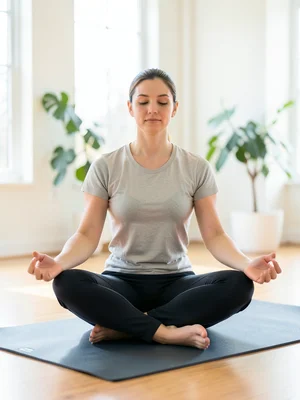 Person meditating cross-legged on a yoga mat in a bright airy studio