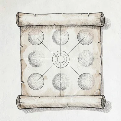 Field-placement diagram as a parchment scroll with stippled fielding circles and