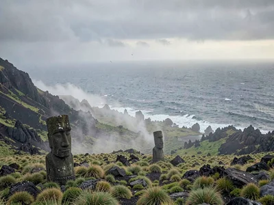 Edge-of-world isolation on Rapa Nui, Morning mist rising from volcanic grassland