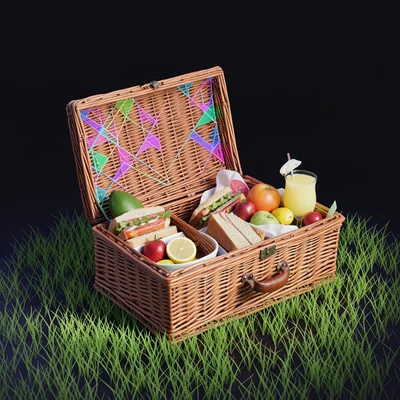 Wicker picnic basket open on grass, sandwiches, fruit, and lemonade visible