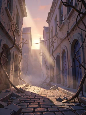 Shattered cobblestone street at sunset with a single sun shaft through dust, war