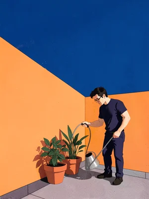 Person watering plants on a balcony, flat orange wall and deep blue sky