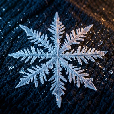 Snowflake on dark wool fabric, single stellar dendrite crystal with six-fold sym
