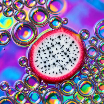 Sliced dragon fruit revealing speckled white flesh with tiny black seeds in cons