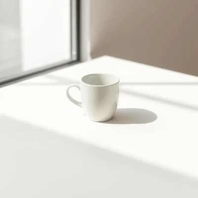 Minimalist photography of a single white coffee cup centered on a clean matte off-white surface, soft natural window lig