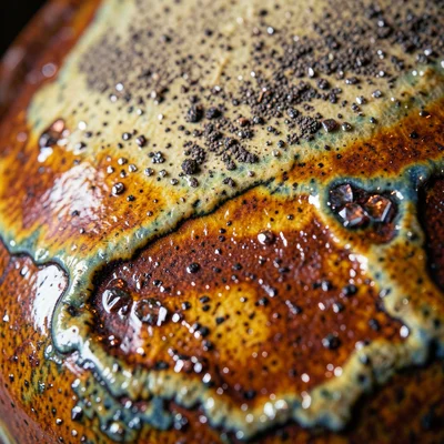 Raku-fired vessel with copper reduction resembling sunset over water