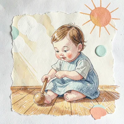 Toddler in a linen smock playing with a wooden rattle on a sunlit oak floor, pap