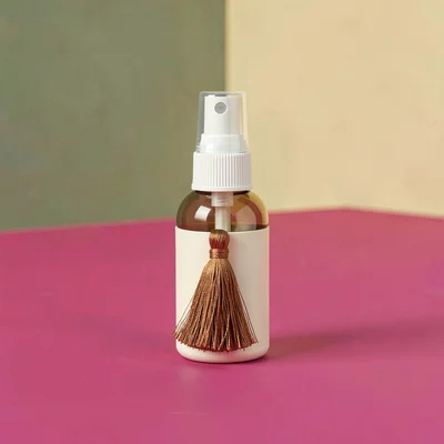 Flat-color motif of a small atomizer with a tassel, ivory and bronze palette