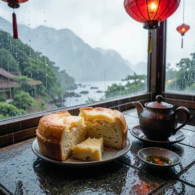 Jiufen rain beauty, wet mountain coastal, Pineapple cake being cut, flaky layers